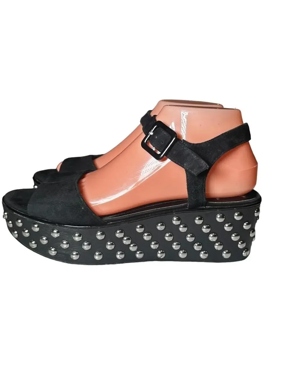B Brian Atwood Black Suede Franki Studded Platform Wedge Sandals Size 8.5